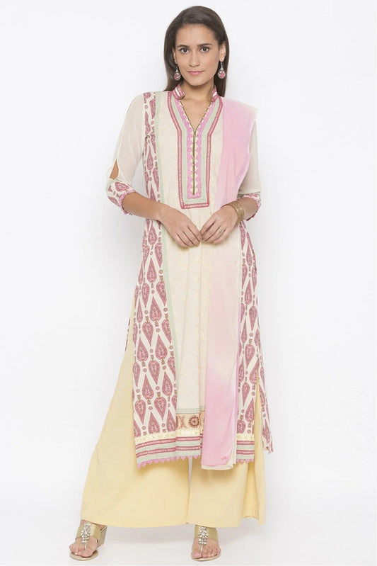 Cream Plus Size Stitched Cotton Embroidery Palazzo Pant Suit NCSS10710588