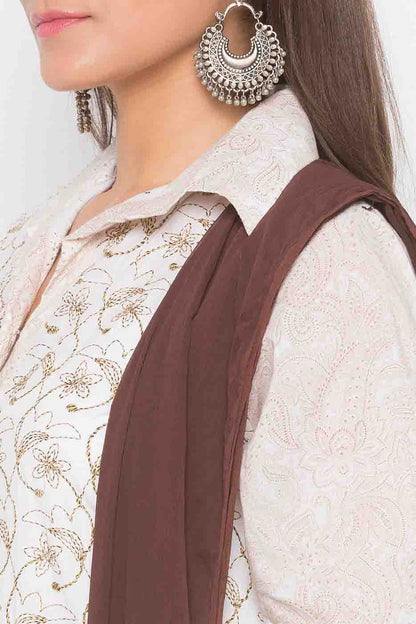 Cream Plus Size Stitched Cotton Embroidery Palazzo Pant Suit NCSS10710606