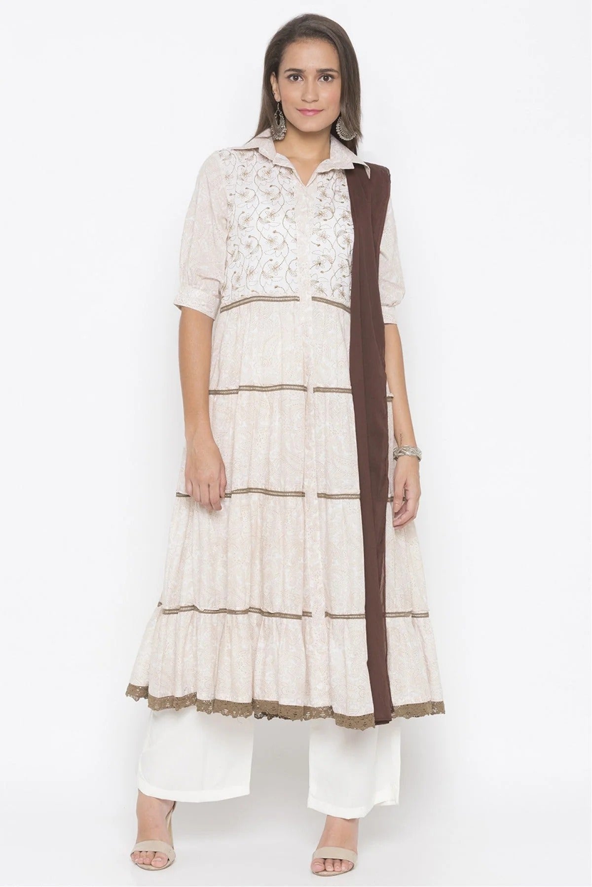Cream Plus Size Stitched Cotton Embroidery Palazzo Pant Suit NCSS10710606