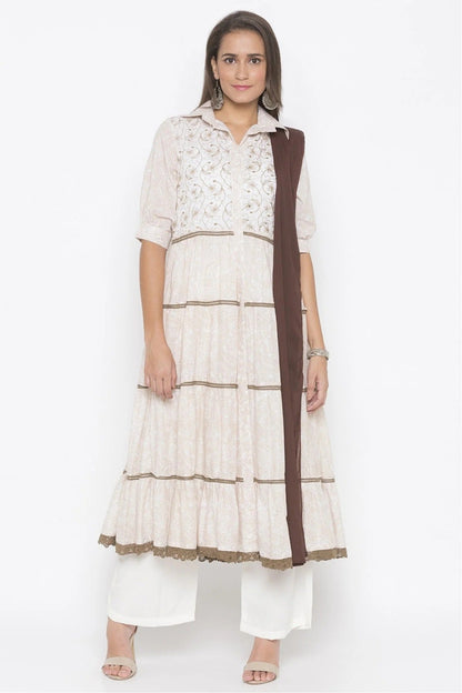 Cream Plus Size Stitched Cotton Embroidery Palazzo Pant Suit NCSS10710606