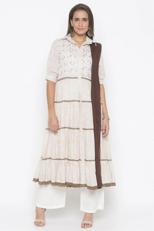 Cream Plus Size Stitched Cotton Embroidery Palazzo Pant Suit NCSS10710606