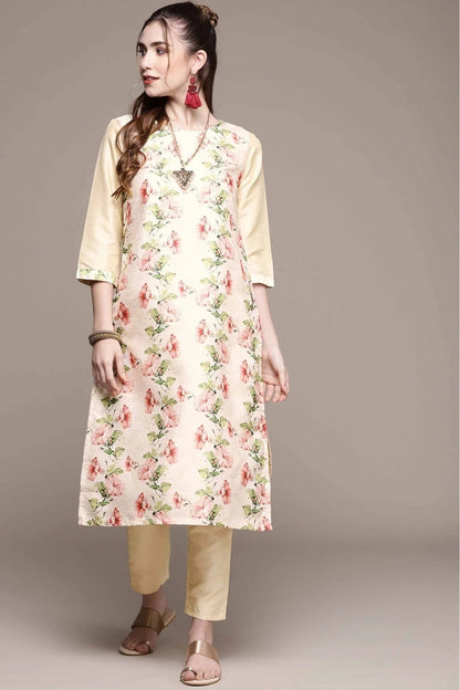 Cream Poly Silk Digital Print Kurta With Pant NCKR10610157
