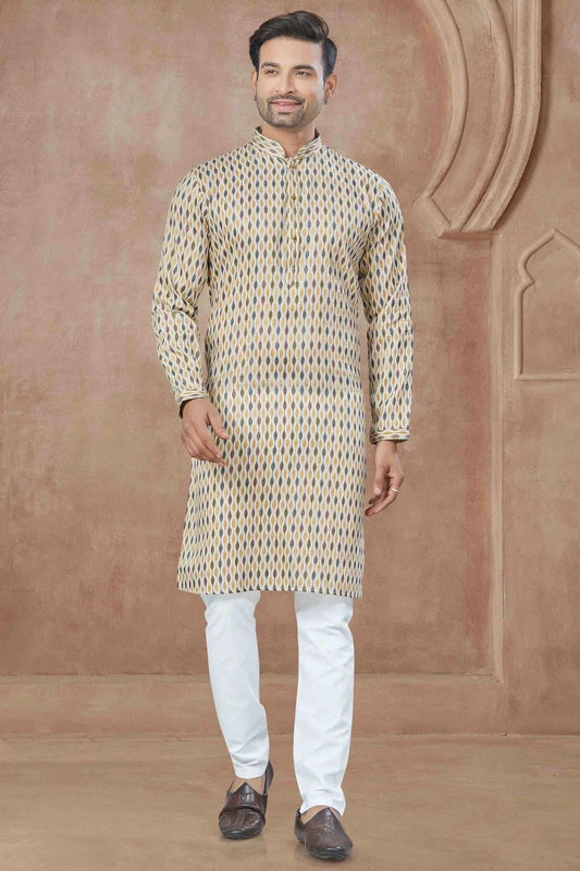 Cream Printed and Pintex Cotton Kurta Pajama NCKP11110539
