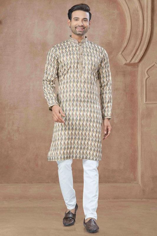 Cream Printed and Pintex Cotton Kurta Pajama NCKP11110540