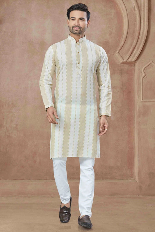 Cream Printed and Pintex Cotton Kurta Pajama NCKP11110541