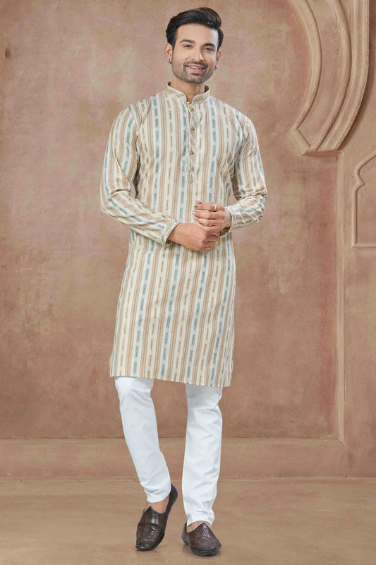 Cream Printed and Pintex Cotton Kurta Pajama NCKP11110542