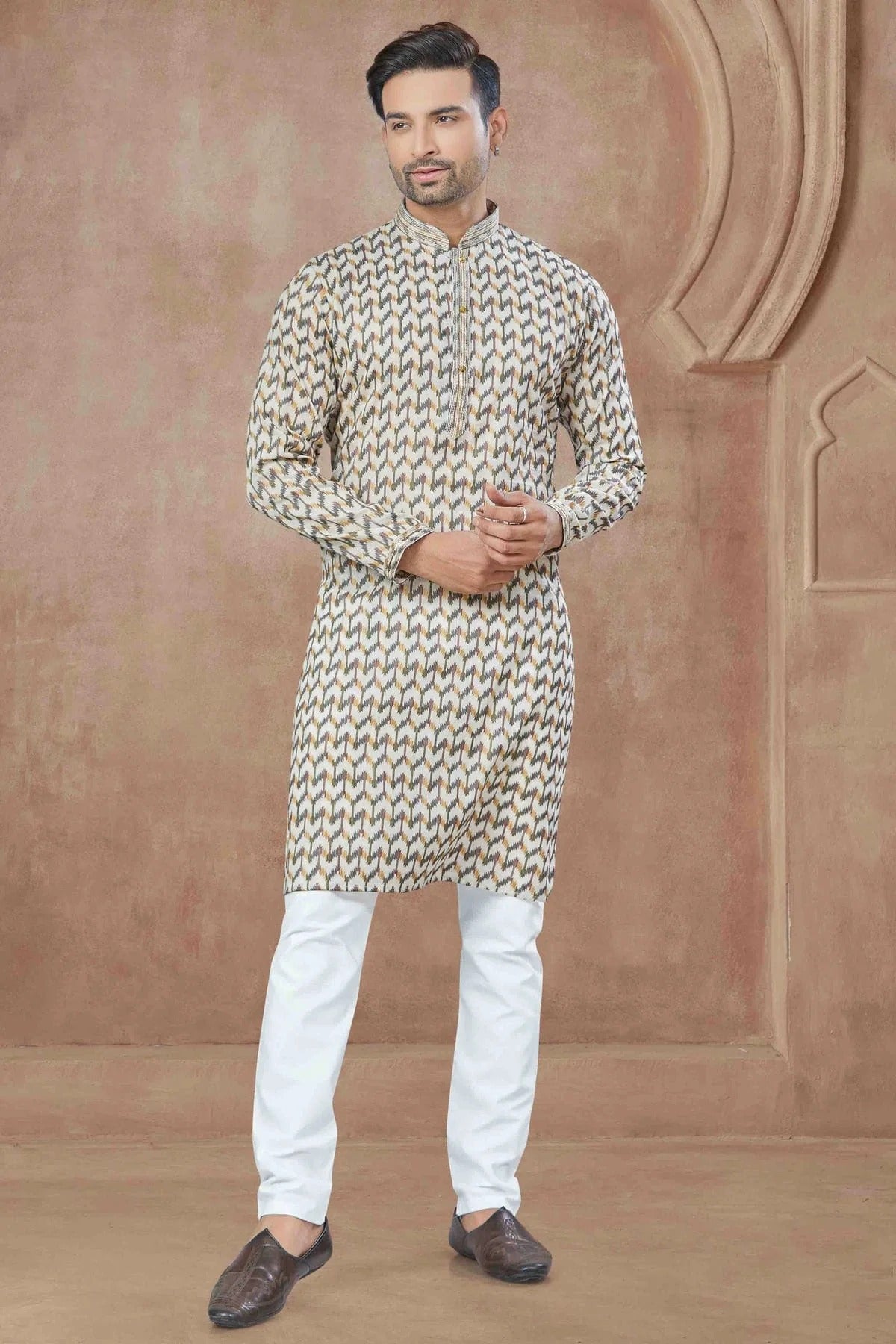 Cream Printed and Pintex Cotton Kurta Pajama NCKP11110544