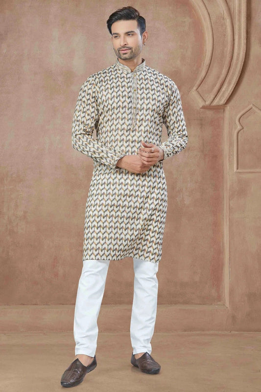 Cream Printed and Pintex Cotton Kurta Pajama NCKP11110544
