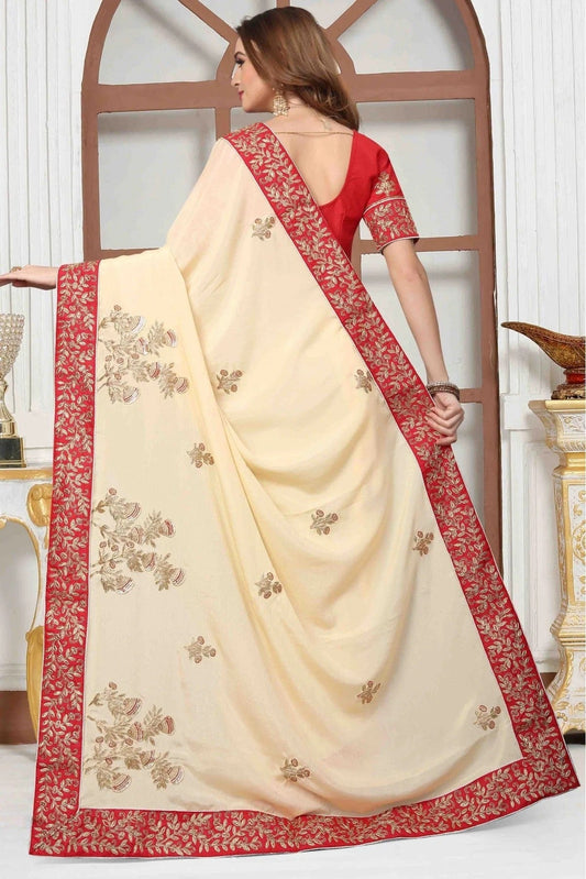 Cream Pure Satin Designer Saree NCSD11210616