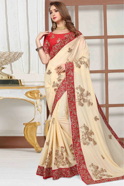 Cream Pure Satin Designer Saree NCSD11210616