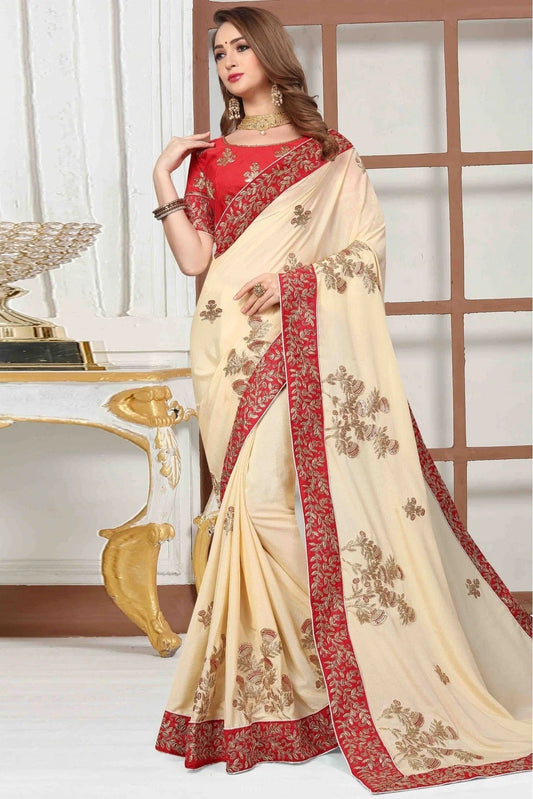 Cream Pure Satin Designer Saree NCSD11210616