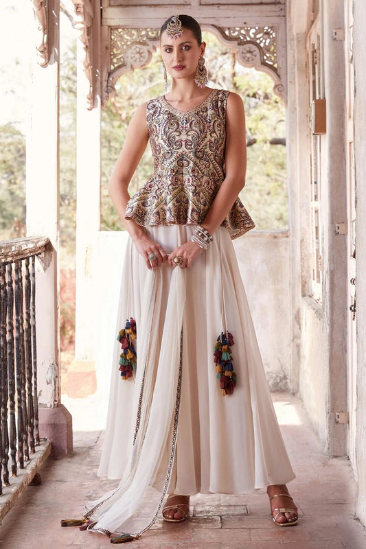 Cream Satin Sharara Suit NCSS11410579