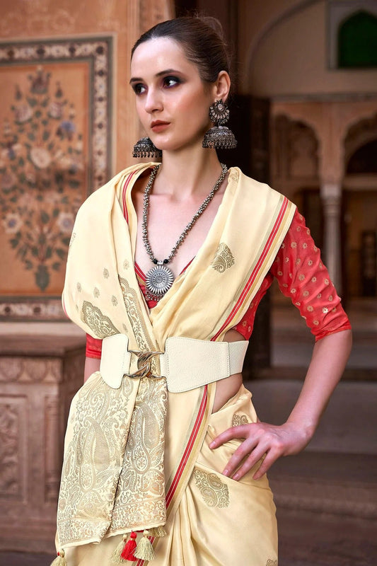 Cream Satin Silk Saree NCSD11112505