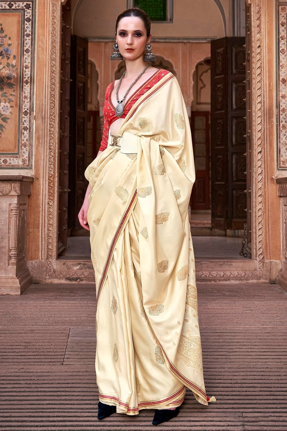Cream Satin Silk Saree NCSD11112505