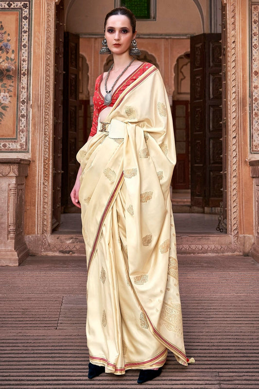 Cream Satin Silk Saree NCSD11112505