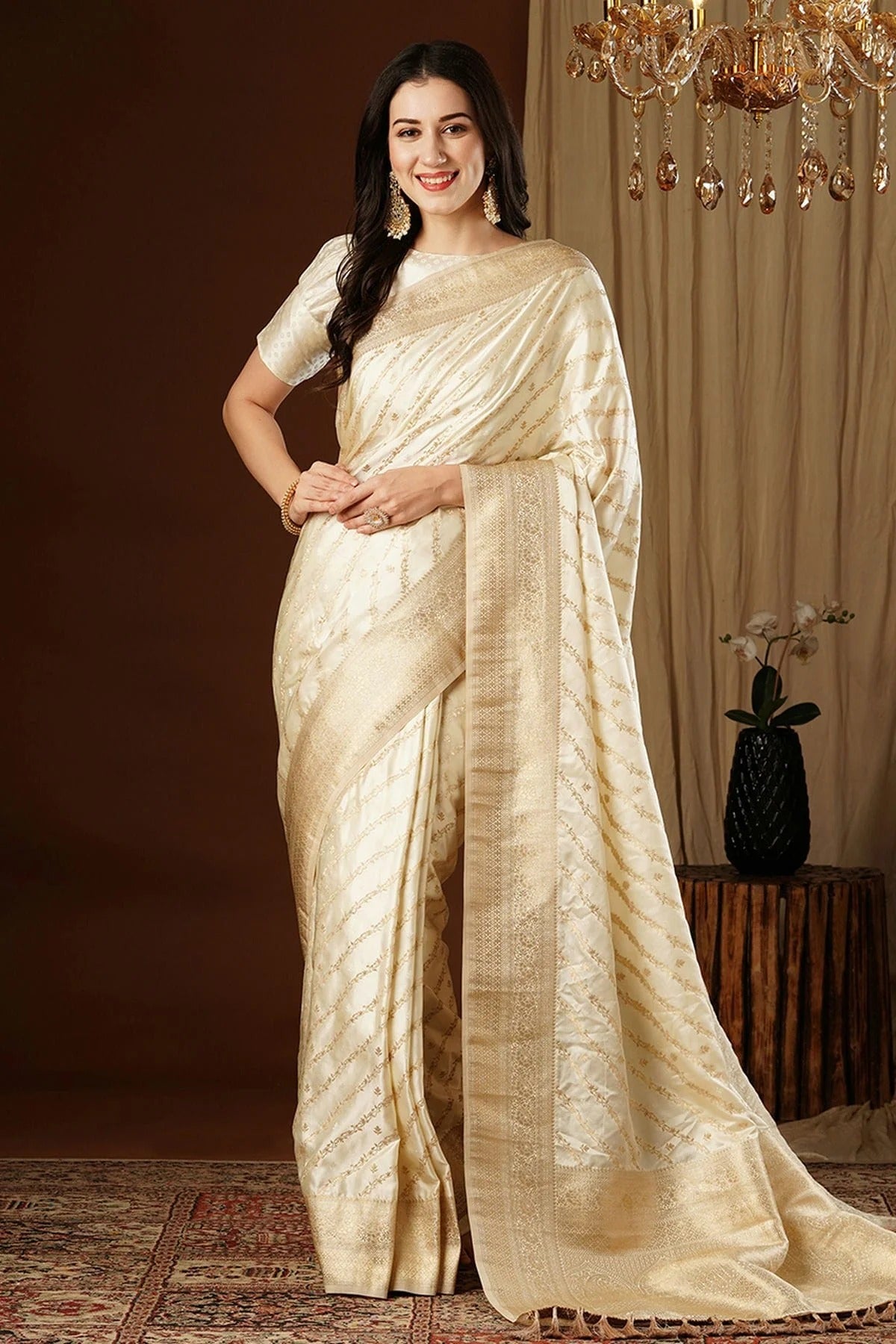 Cream Satin Silk Traditional Saree NCSD11111498