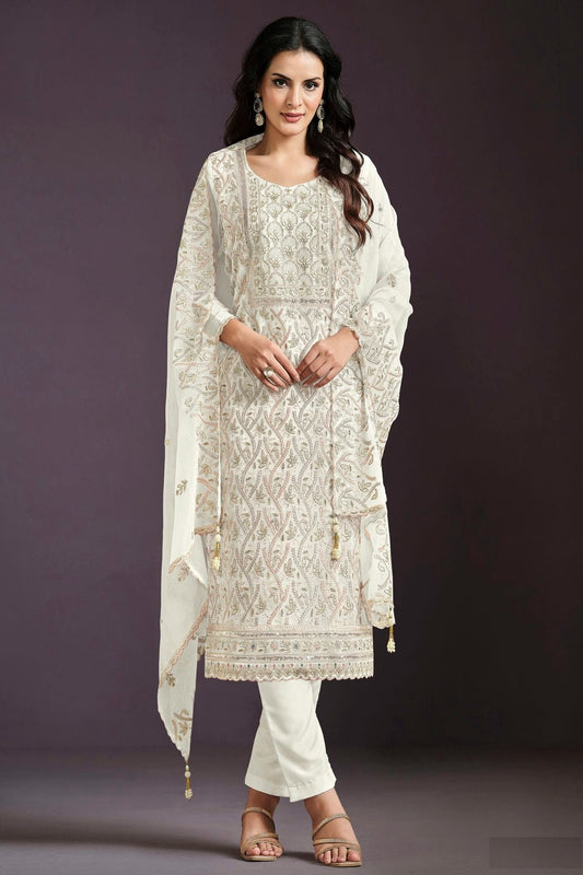 Cream Semi Stitched Chinon Straight Suit NCSM11111030