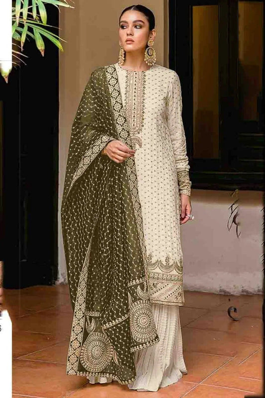 Cream Semi Stitched Faux Georgette Palazzo Pant Suit NCSM11410323