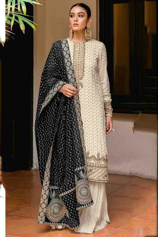 Cream Semi Stitched Faux Georgette Palazzo Pant Suit NCSM11410325