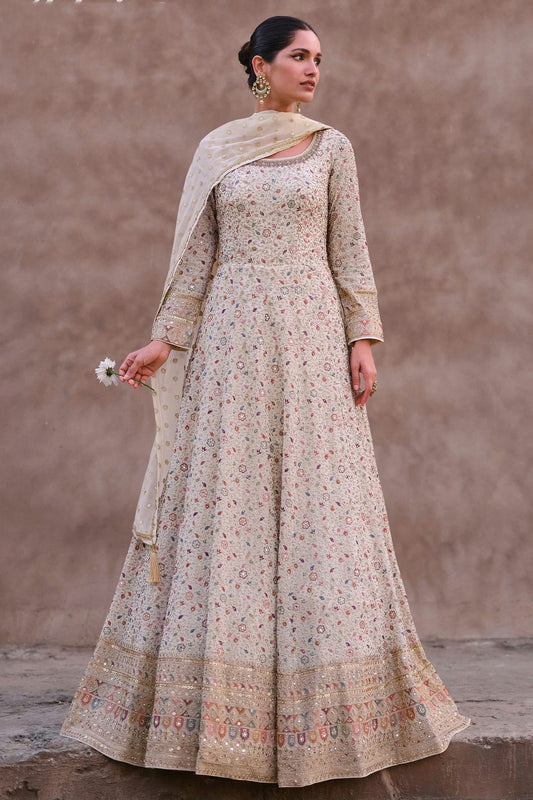 Cream Semi Stitched Georgette Anarkali Suit NCSM11410486
