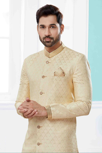 Cream SherwaniIn Banarasi Jacquard  NCSH10410511
