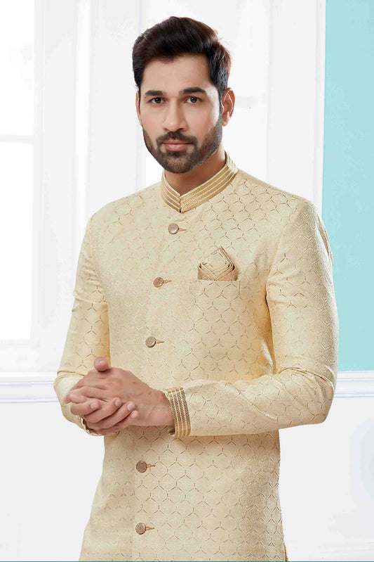 Cream SherwaniIn Banarasi Jacquard  NCSH10410511