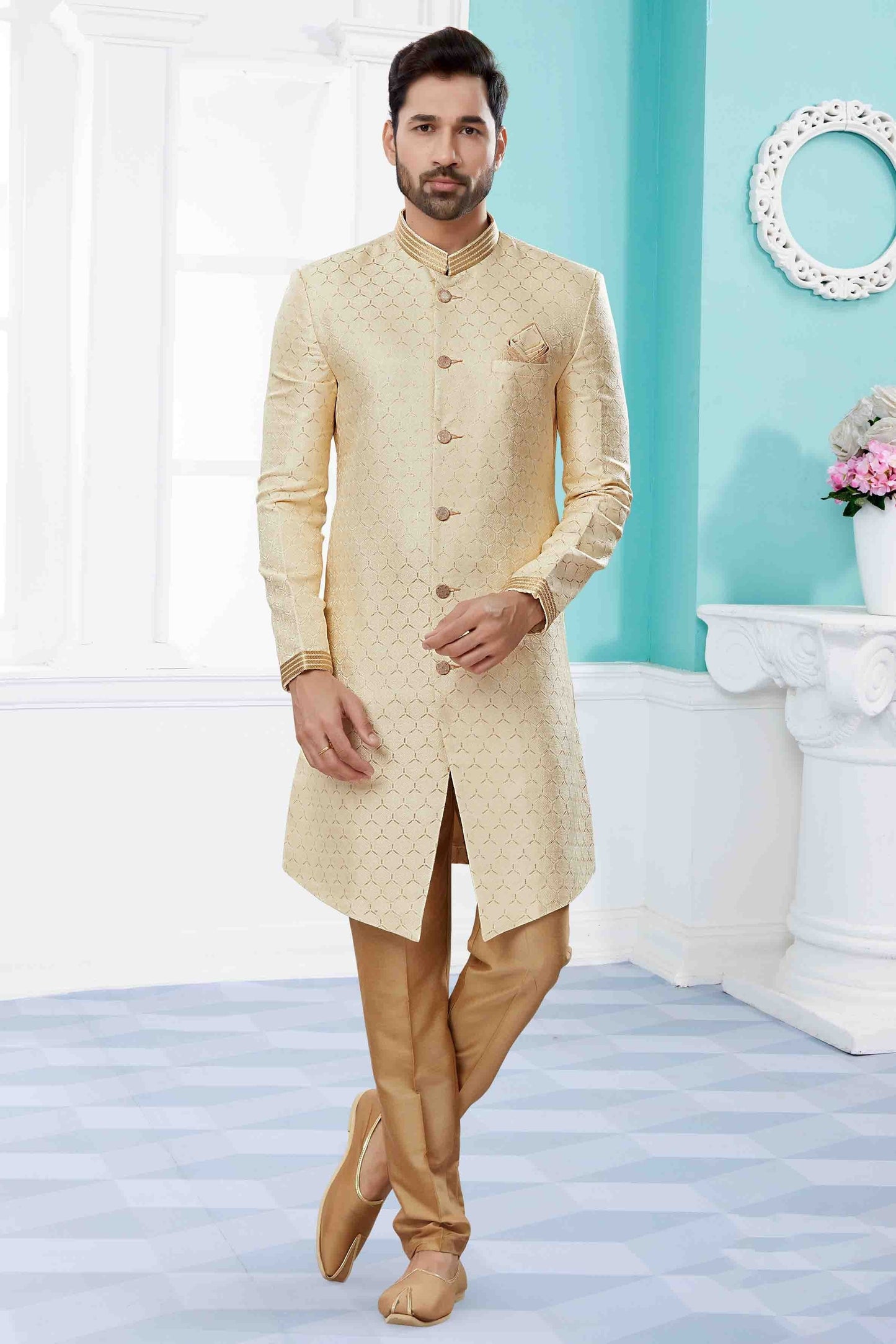 Cream SherwaniIn Banarasi Jacquard NCSH10410511