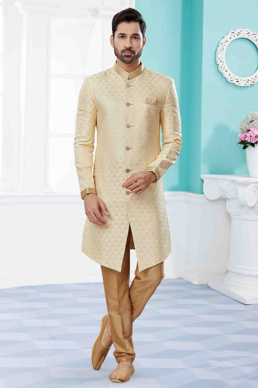 Cream SherwaniIn Banarasi Jacquard NCSH10410511