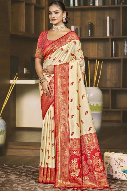 Cream Silk Woven Traditional Saree NCSD11010404