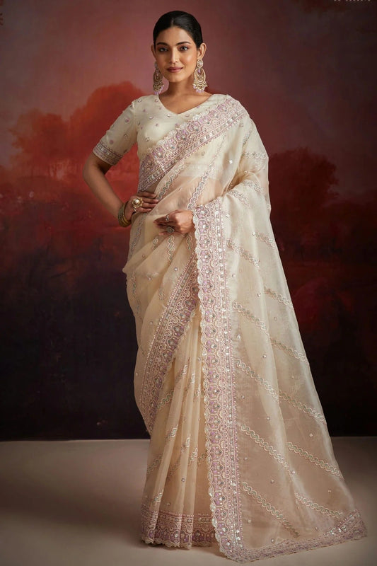 Cream Soft Net Designer Saree NCSD10810189