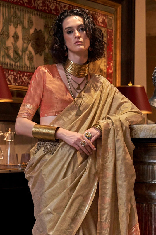Cream Tussar Silk Woven Saree NCSD12910208