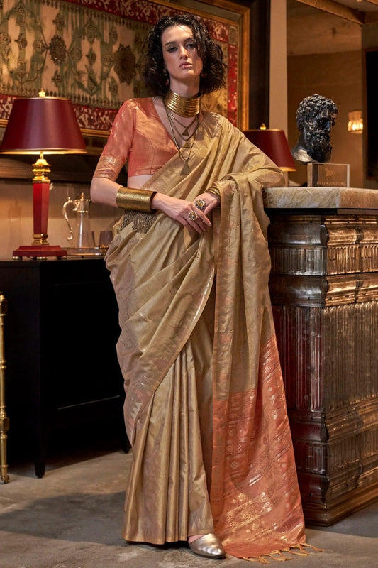 Cream Tussar Silk Woven Saree NCSD12910208