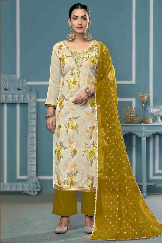 Cream Viscose Banarasi Pant Style Suit NCSM11110723