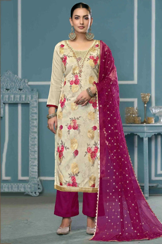 Cream Viscose Banarasi Pant Style Suit NCSM11110724