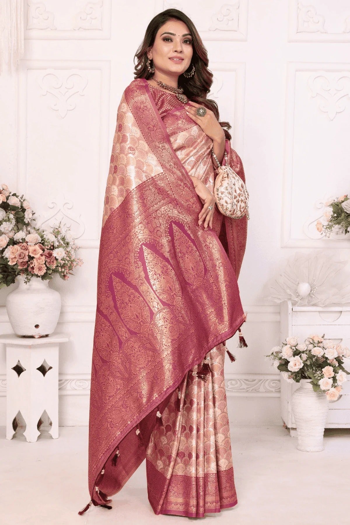 Cream Woven Banarasi Silk Traditional Saree NCSD12510199