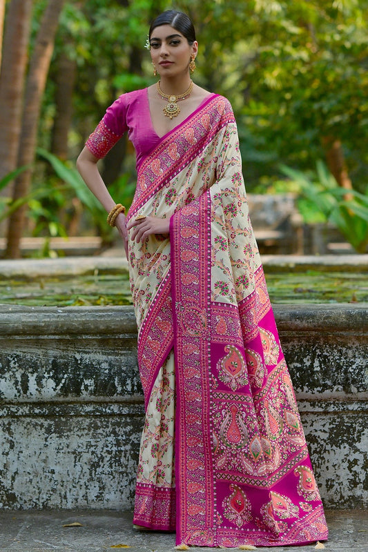 Cream Woven Pashmina Silk Saree NCSD12610159