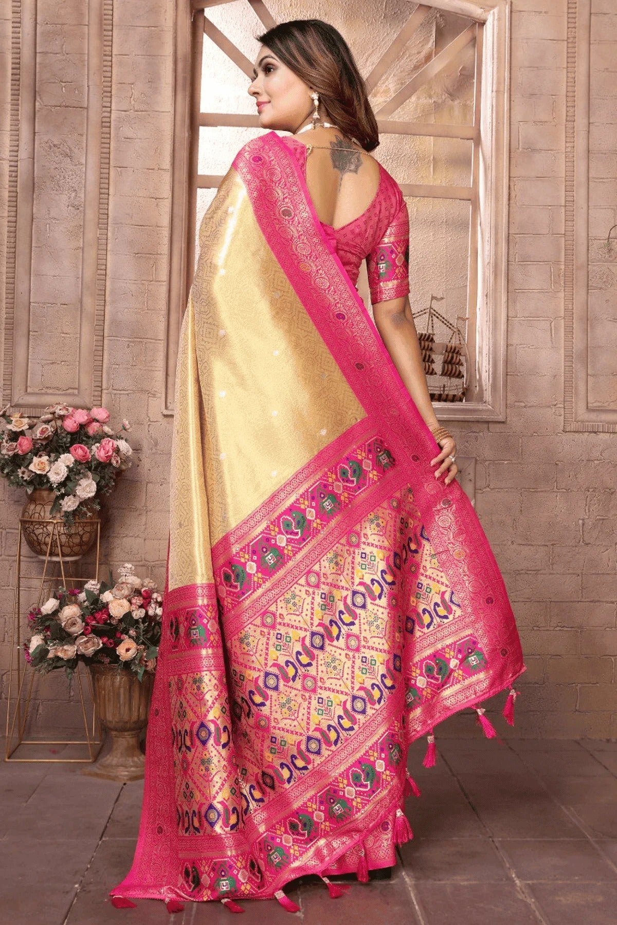 Cream Woven Pure Banarasi Tissue Silk Traditional Saree NCSD12510104