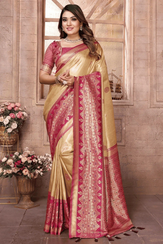 Cream Woven Pure Banarasi Tissue Silk Traditional Saree NCSD12510148