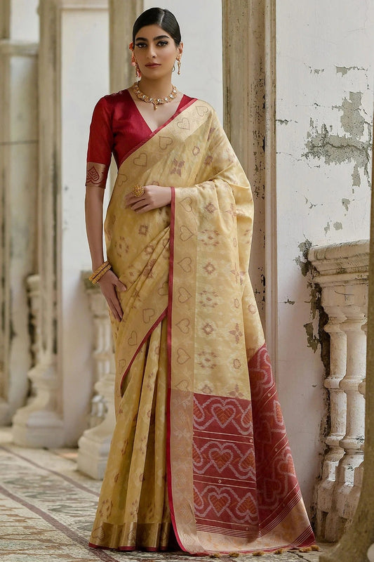 Cream Woven Raw Silk Saree NCSD12610152