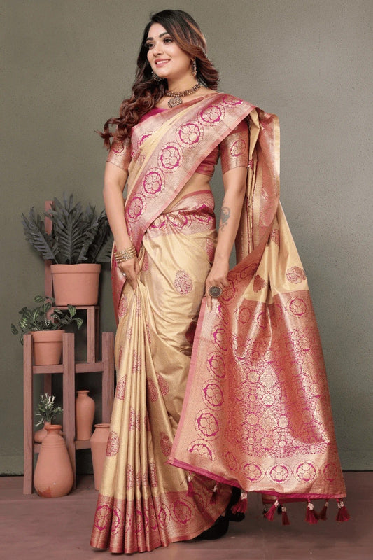Cream Woven Viscose Silk Traditional Saree NCSD12510169