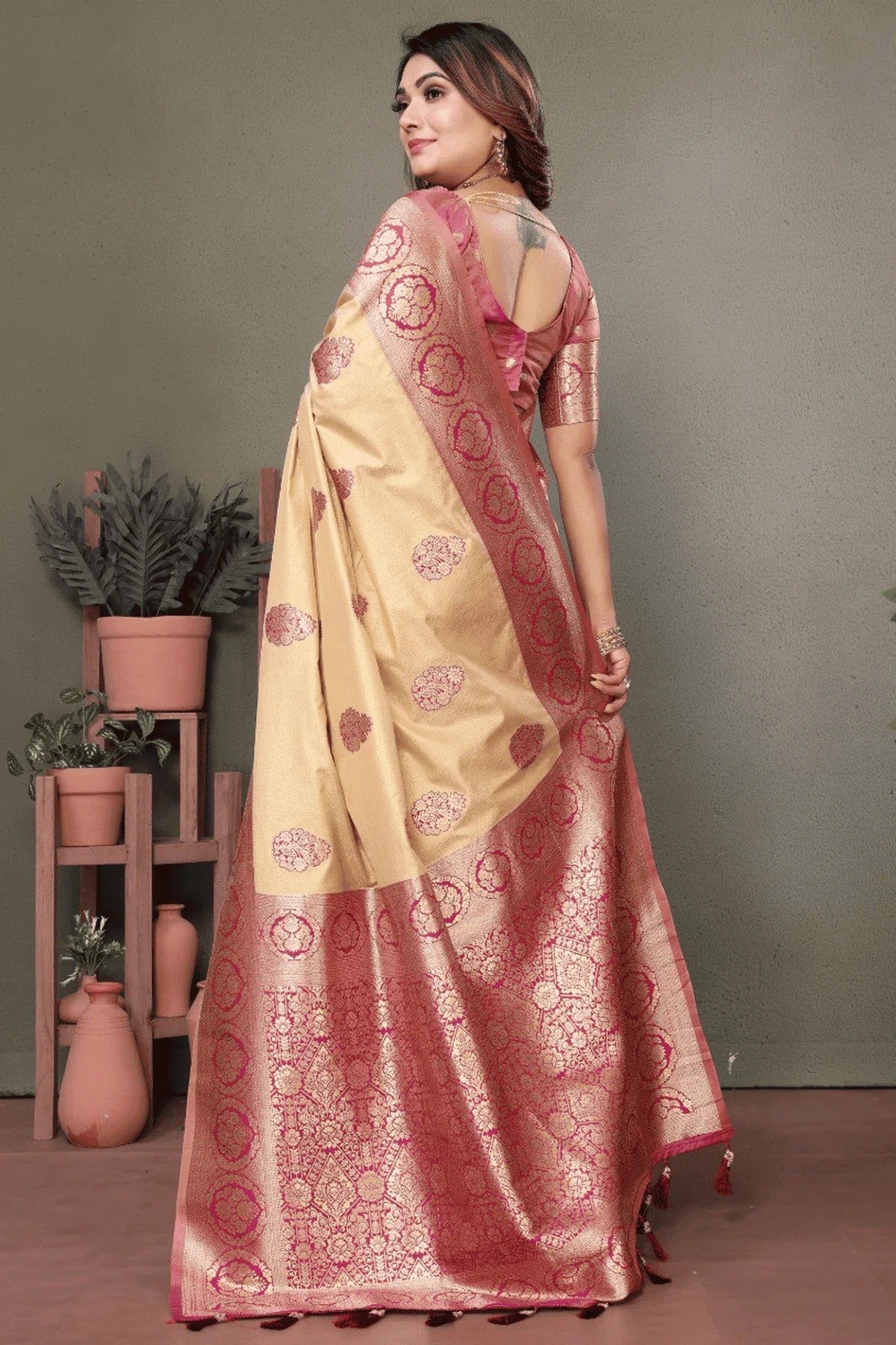 Cream Woven Viscose Silk Traditional Saree NCSD12510169