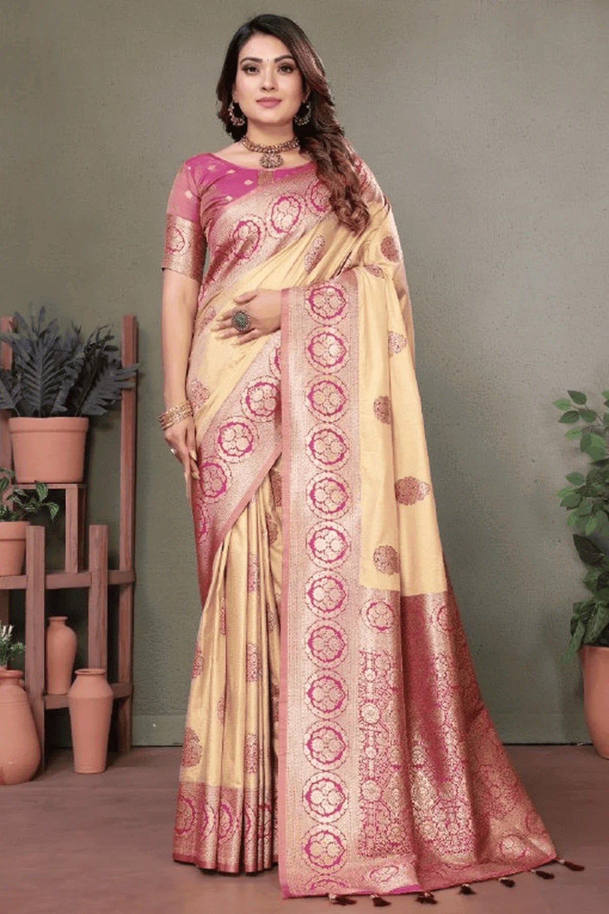 Cream Woven Viscose Silk Traditional Saree NCSD12510169