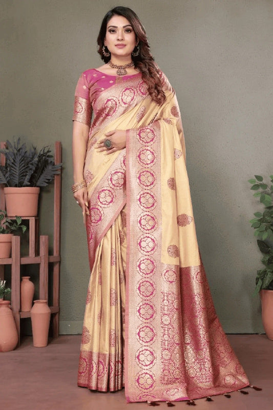 Cream Woven Viscose Silk Traditional Saree NCSD12510169