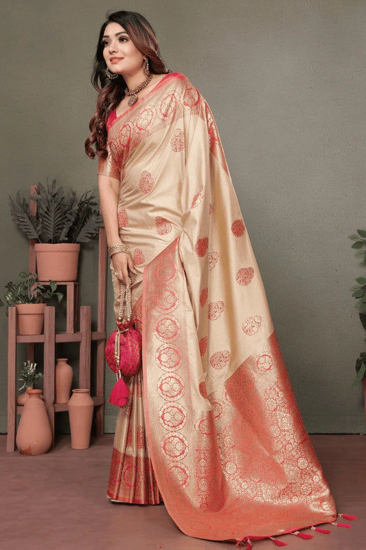 Cream Woven Viscose Silk Traditional Saree NCSD12510170