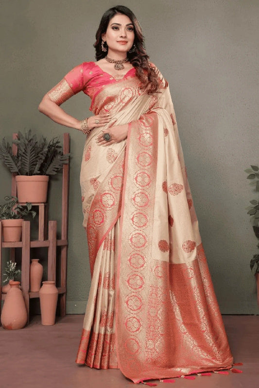 Cream Woven Viscose Silk Traditional Saree NCSD12510170