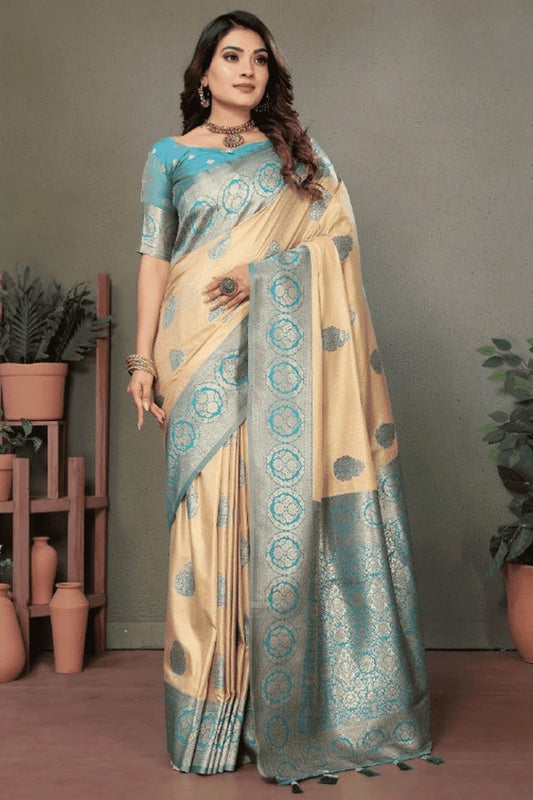 Cream Woven Viscose Silk Traditional Saree NCSD12510173