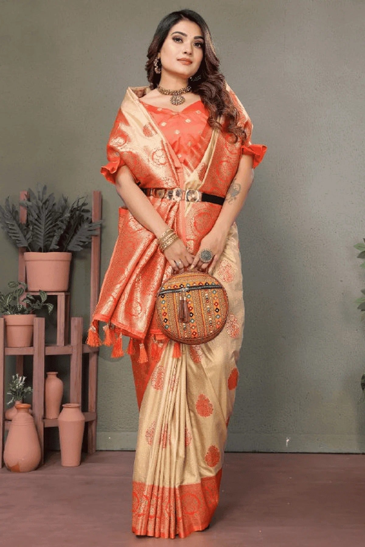 Cream Woven Viscose Silk Traditional Saree NCSD12510174