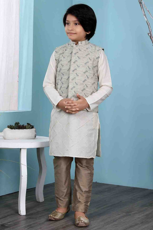 Cream and Beige Cotton Silk Kurta PajamaWith Jacket NCBW10710721