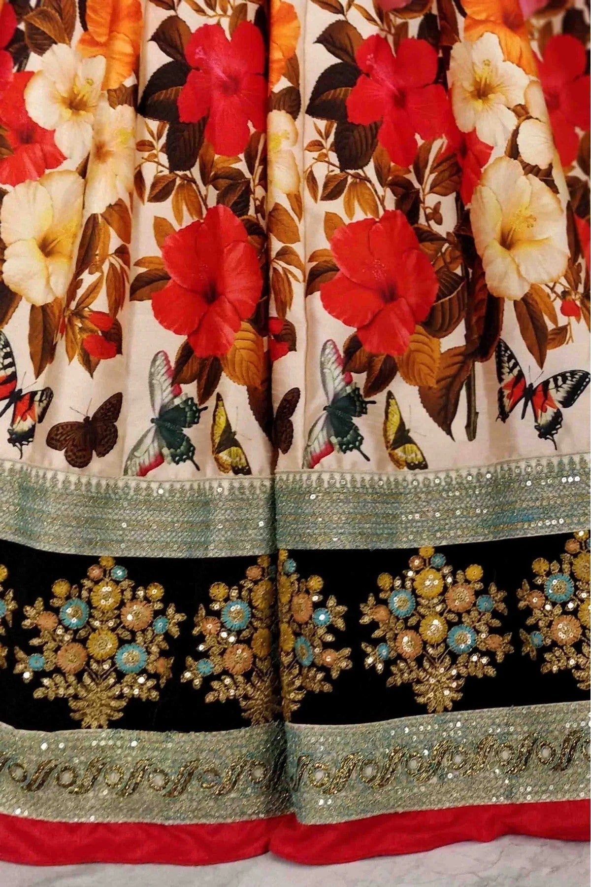 Cream and Black Art Silk Lehenga Choli NCLC10110247