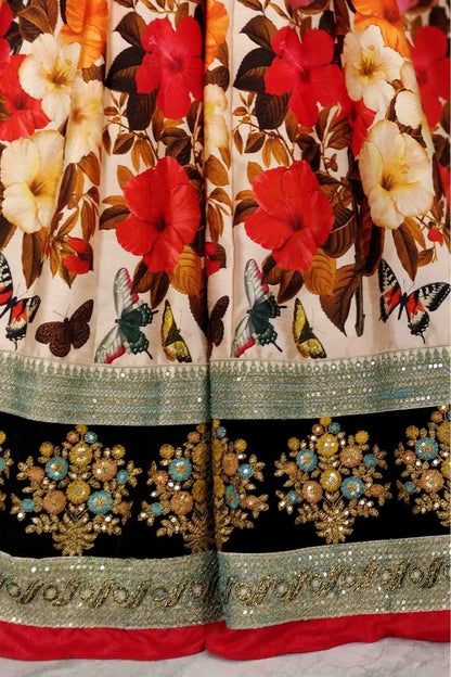 Cream and Black Art Silk Lehenga Choli NCLC10110247